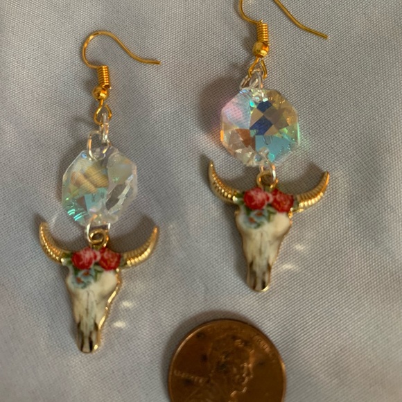 Floral Cow Skull Earrings, Style 1 - Picture 3 of 4